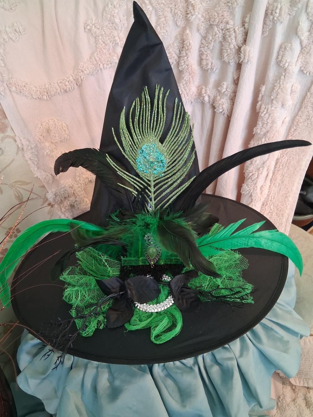 Black and Green Feather Witch Hat
